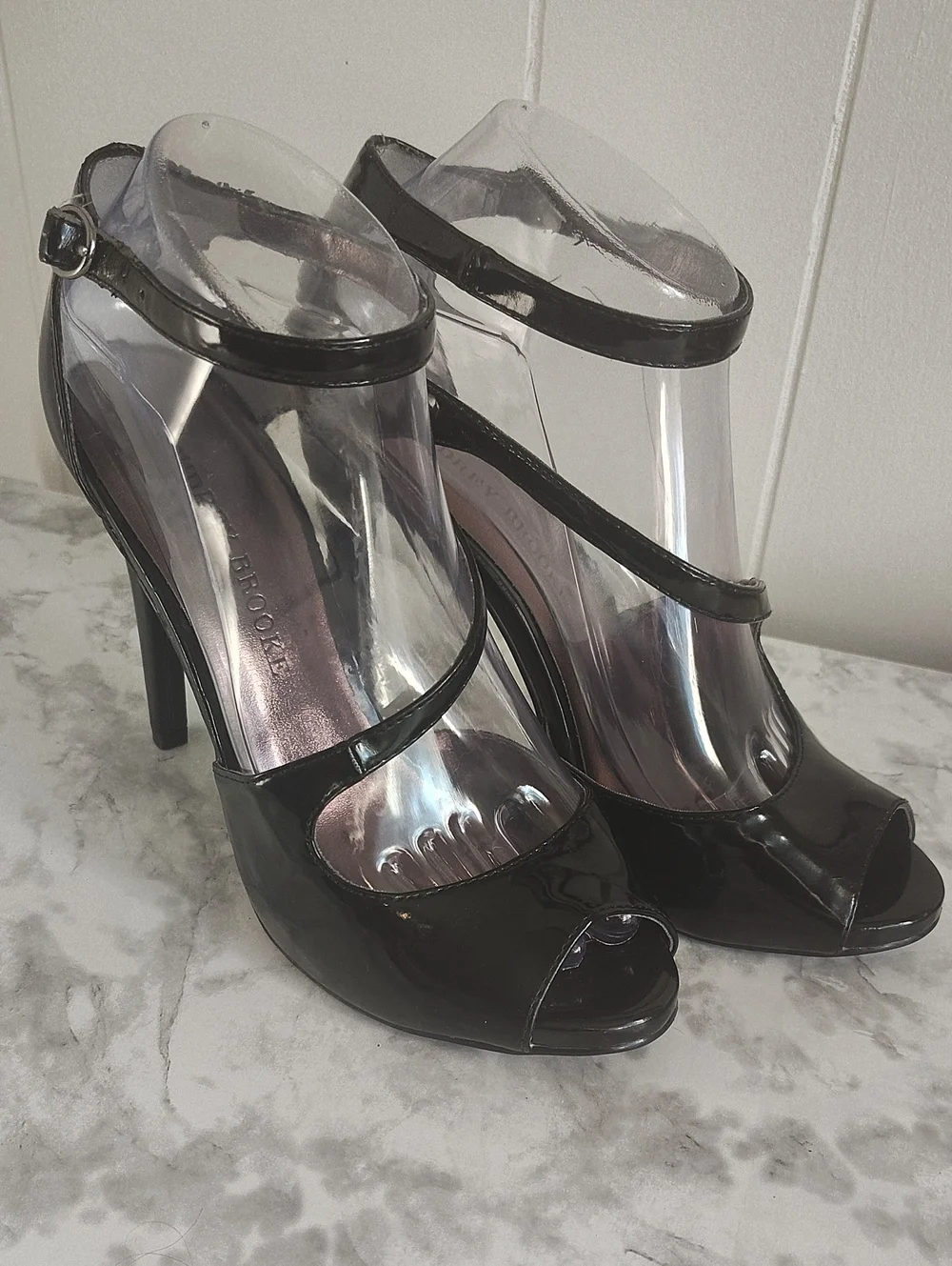 Audrey Brooke Black Patent Peep-Toe Ankle-Strap Heels